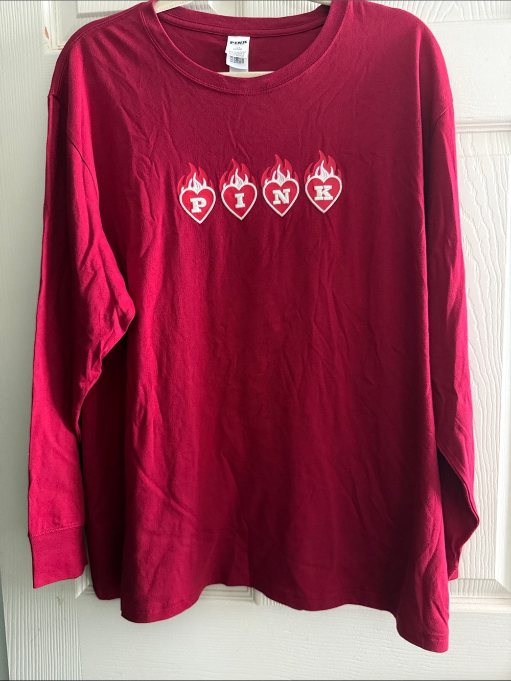 PINK Victoria's Secret Red Long Sleeve Heart Flame Graphic Tee